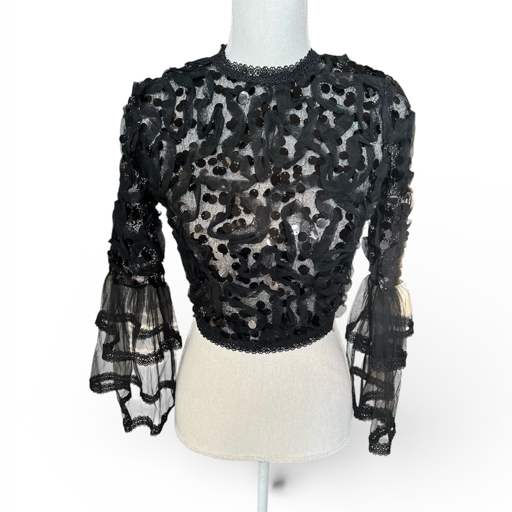 Elegant Black Lace sequin bell sleeve crop top blouse boho cocktail party